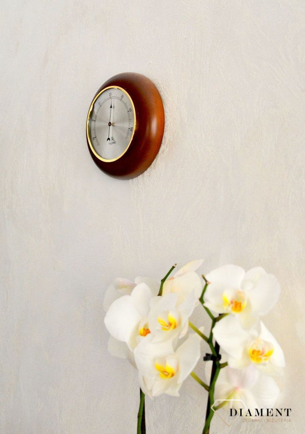 Drewniana stacja pogody Okrągły termometr w obudowie 'Drewno ciemny orzech'TERMOMETR140-09. Termometr do sauny na podczerwień. Idealny na prezent. Okrągły termometr.  (6).JPG