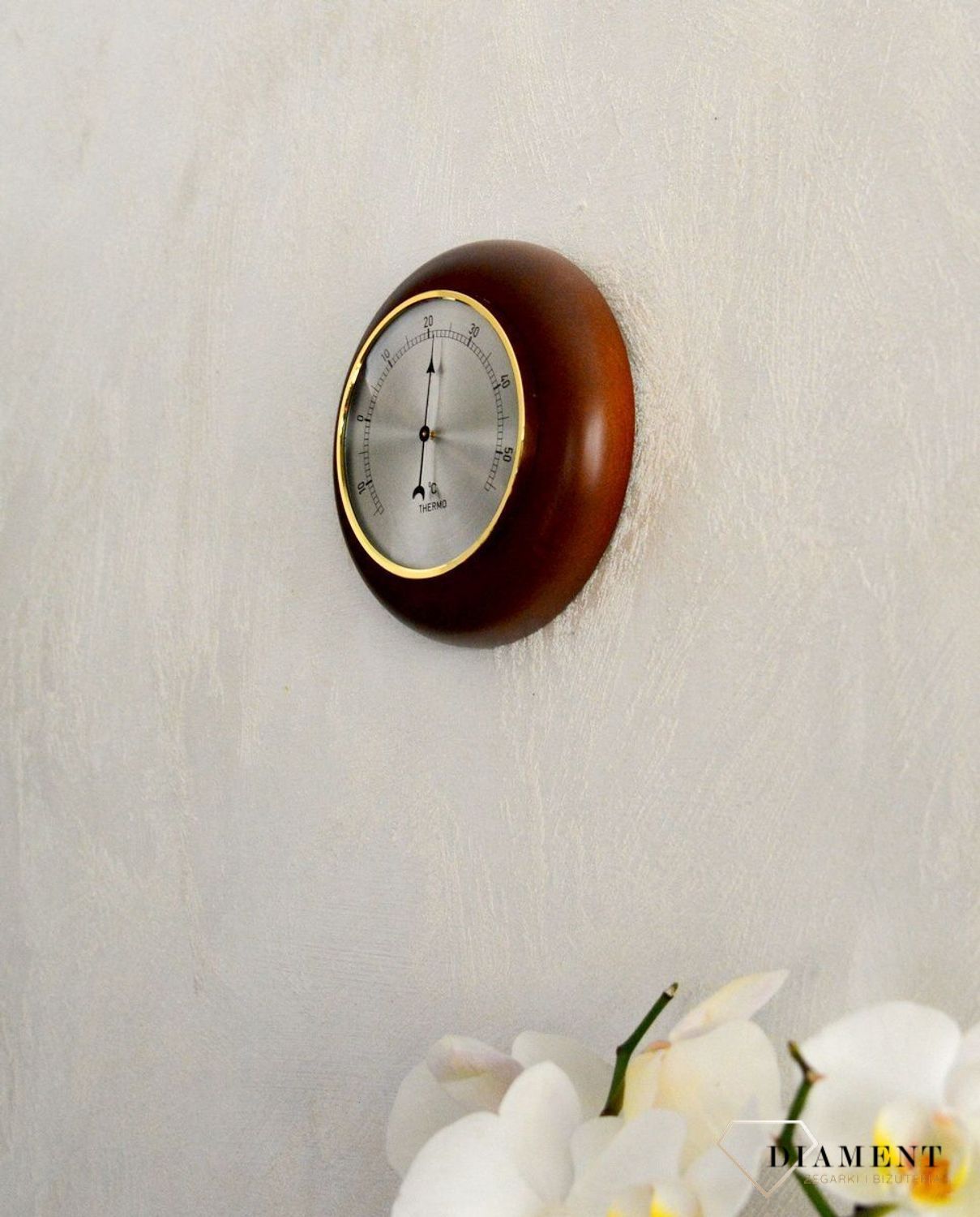Drewniana stacja pogody Okrągły termometr w obudowie 'Drewno ciemny orzech'TERMOMETR140-09. Termometr do sauny na podczerwień. Idealny na prezent. Okrągły termometr.  (6).JPG