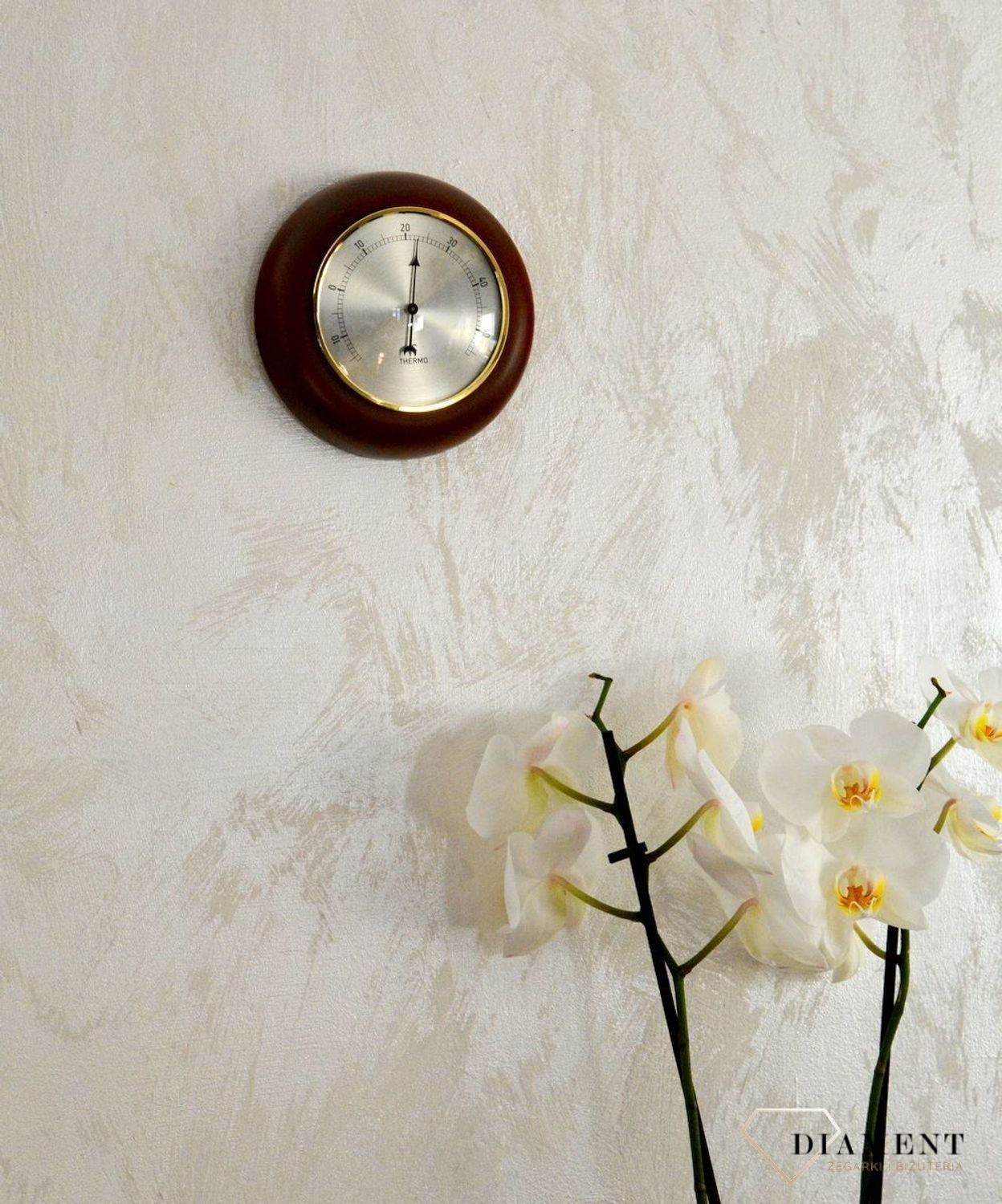 Drewniana stacja pogody Okrągły termometr w obudowie 'Drewno ciemny orzech'TERMOMETR140-09. Termometr do sauny na podczerwień. Idealny na prezent. Okrągły termometr.  (6).JPG