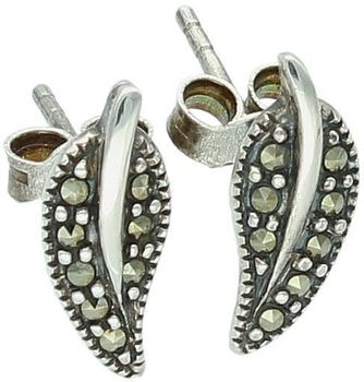 Subtelne kolczyki srebrne w kształcie listków z markazytami – biżuteria w stylu retro. Próba 925, zapięcie sztyft, waga 1,17 g, doskonałe na co dzień i na prezent.1.jpg