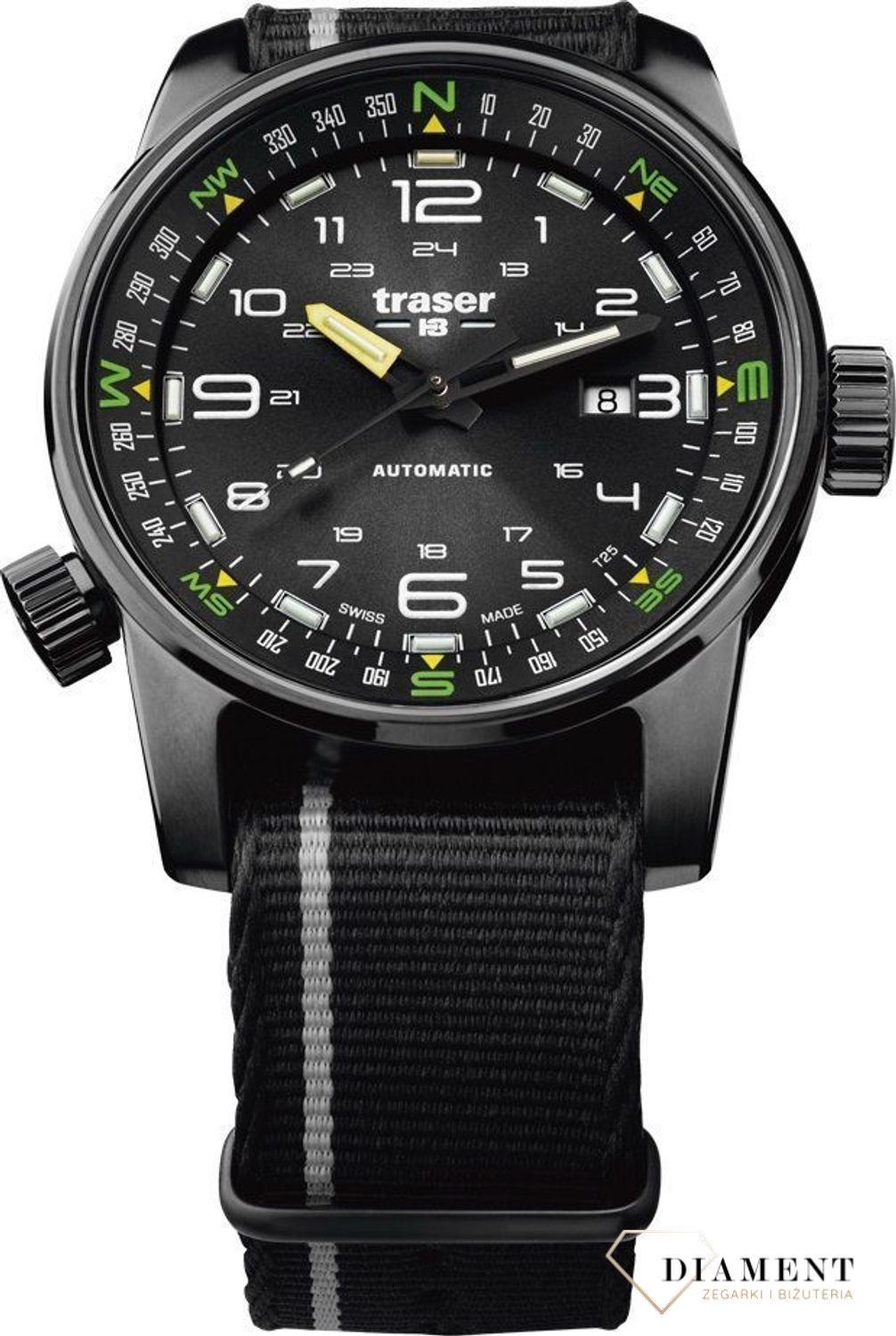 Zegarek męski z wyraźną tarcza z białymi cyframi arabskimi. Zegarek męski z tekstylnym paskiem w kolorze czarnym, który idealnie współgra z tarczą (2).jpg