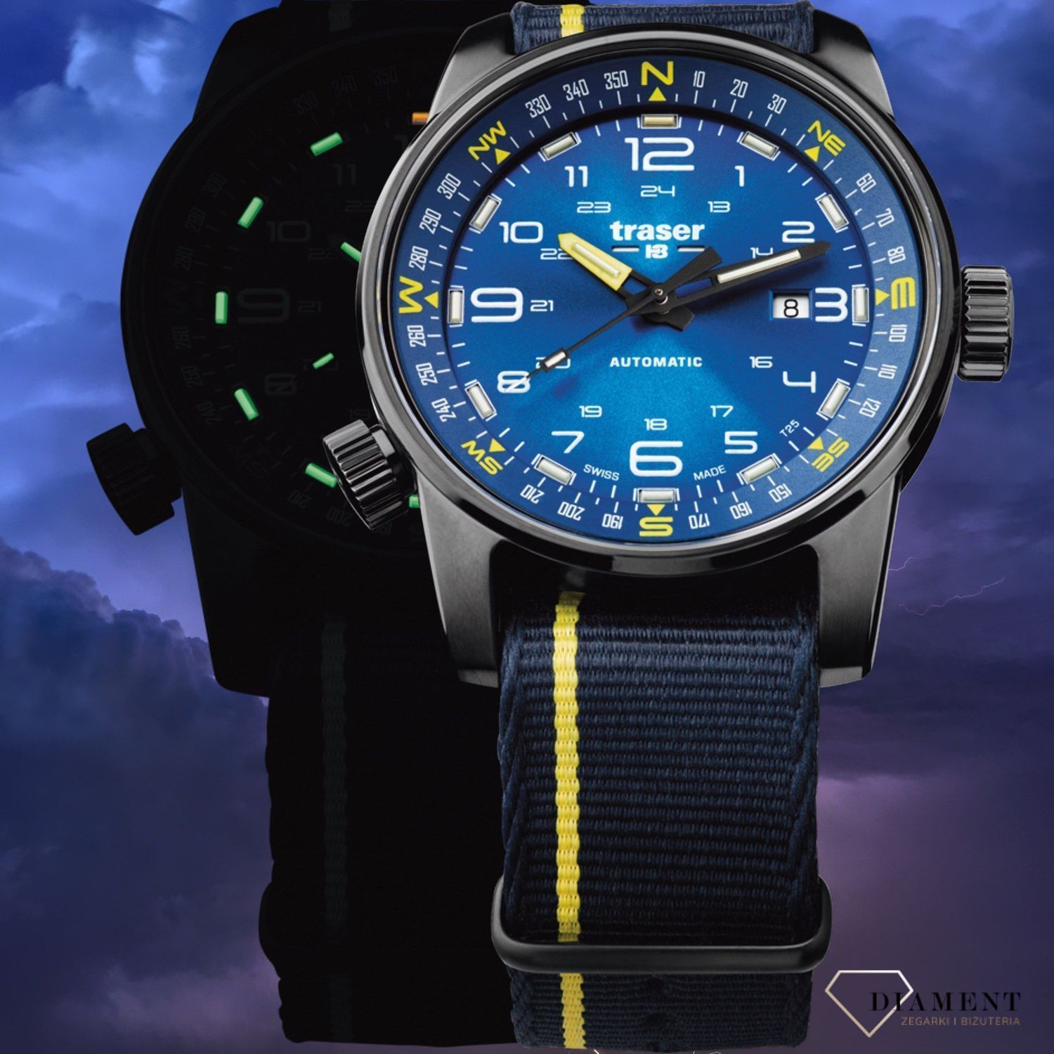 Zegarek męski z niebieską tarcza z białymi cyframi arabskimi. Zegarek męski z tekstylnym paskiem w kolorze granatowym, który idealnie współgra z tarczą (2).jpg