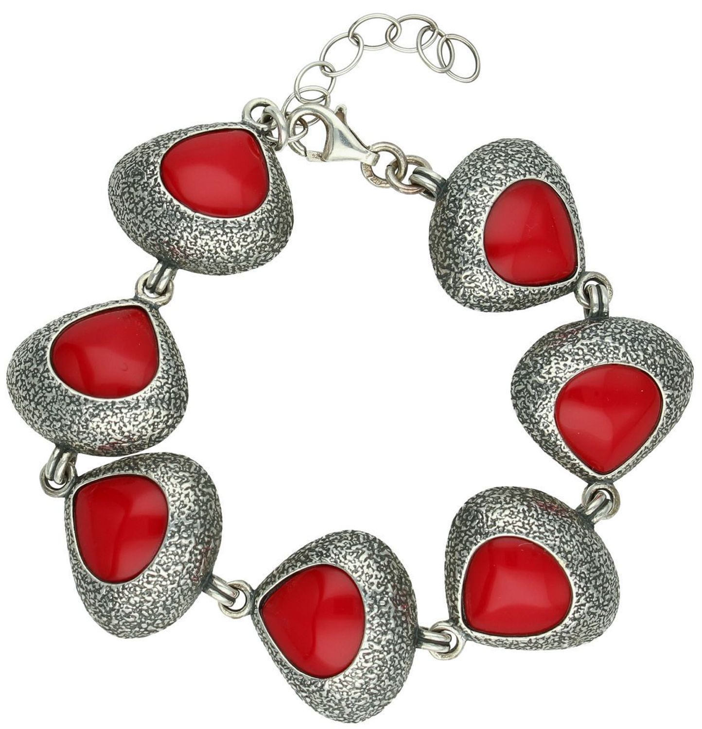 Elegancka bransoletka damska TSB000004-60 ze srebra próby 925, ozdobiona czerwonymi kamieniami syntetycznymi. Długość 16+4 cm, szerokość 2,1 cm, zapięcie na karabińczyk. 1.jpg