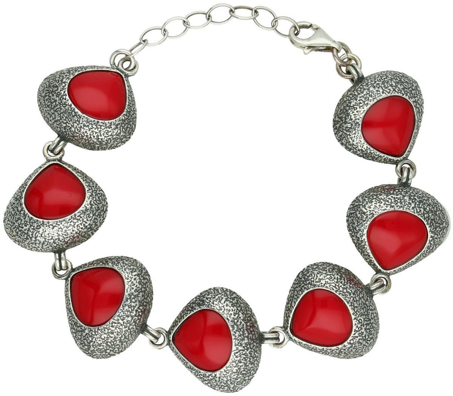 Elegancka bransoletka damska TSB000004-60 ze srebra próby 925, ozdobiona czerwonymi kamieniami syntetycznymi. Długość 16+4 cm, szerokość 2,1 cm, zapięcie na karabińczyk. 1.jpg