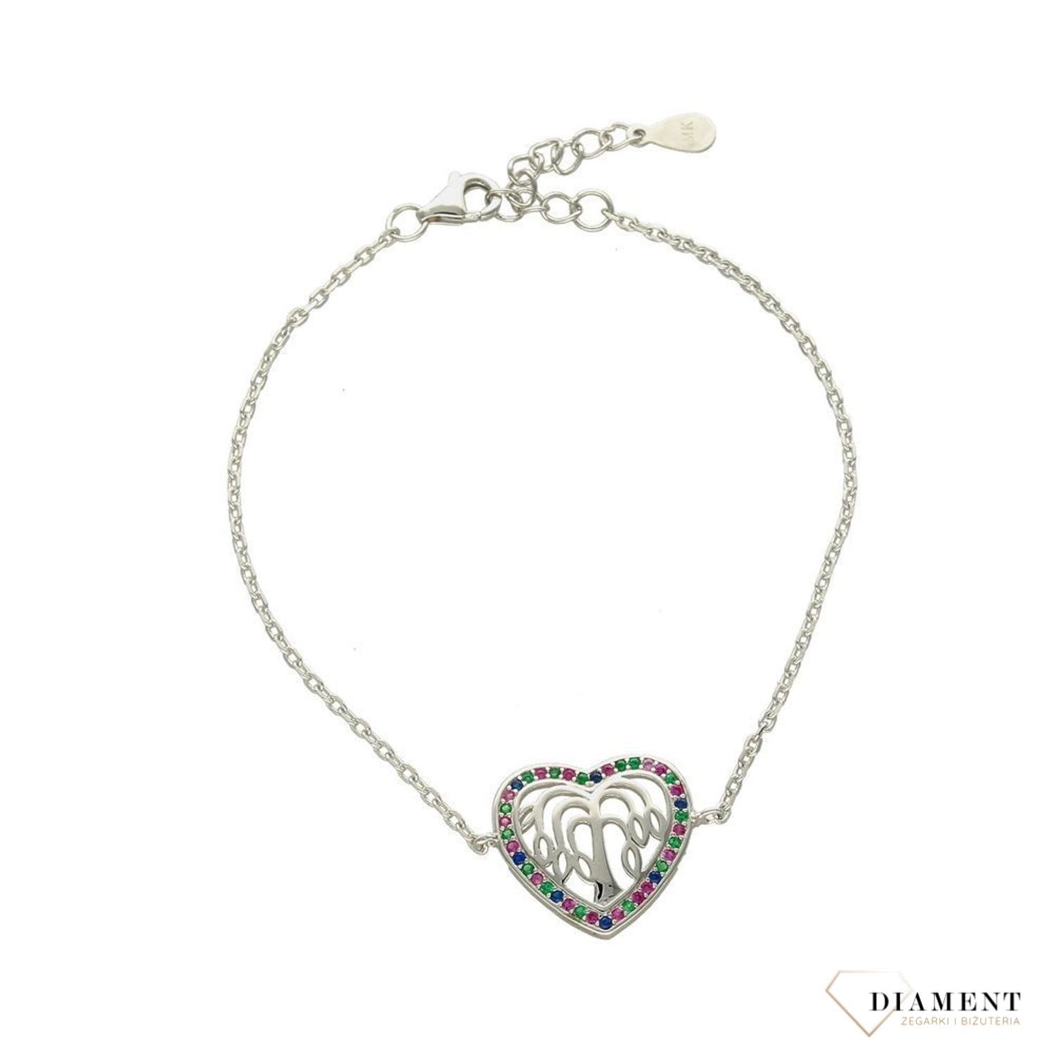 Srebrna bransoletka z motywem serca, które dookoła zostało ozdobione kolorową cyrkonią. Srebrna bransoletka z delikatnym łańcuszkiem z zapięciem na karabińczyk..jpg