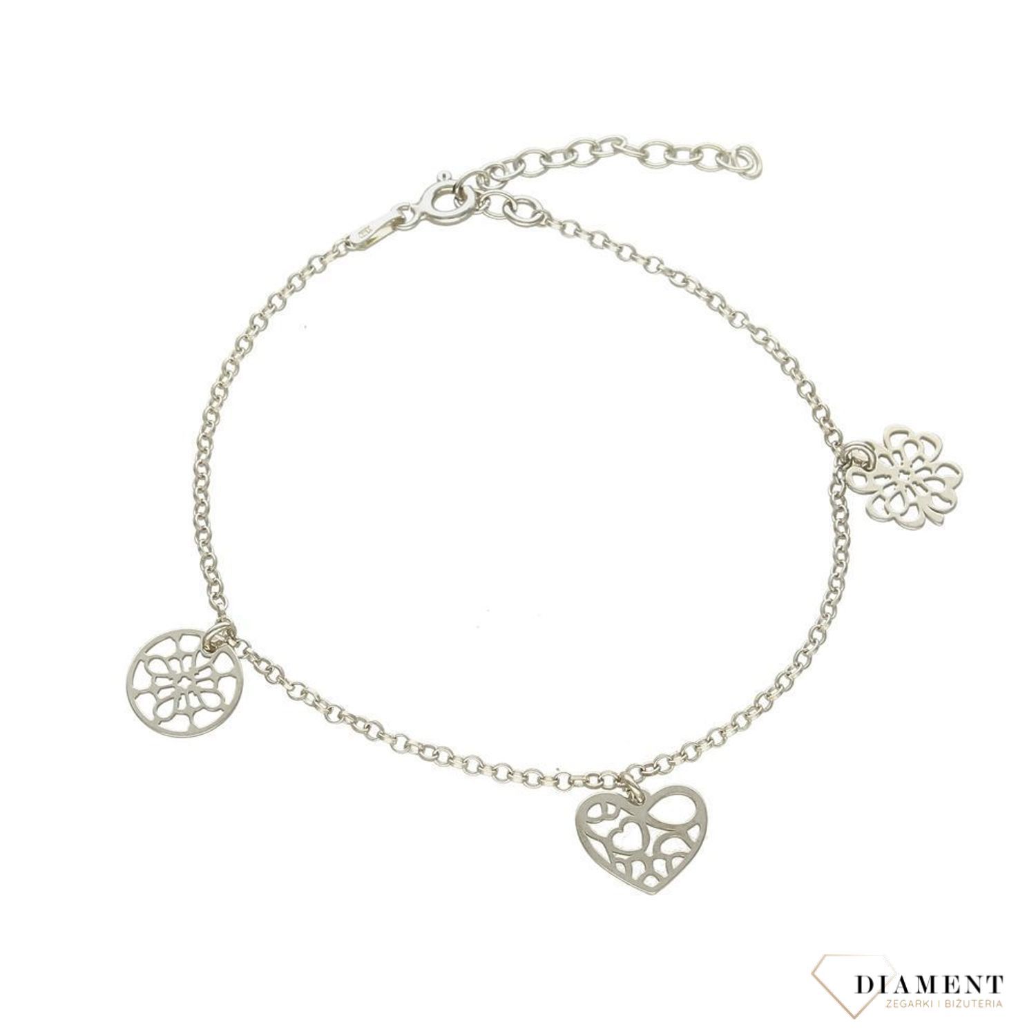 Srebrna bransoletka z wysokiej jakości srebra. Srebrna bransoletka z elementami ozdobnymi w postaci kółka, serduszka i koniczynki..jpg
