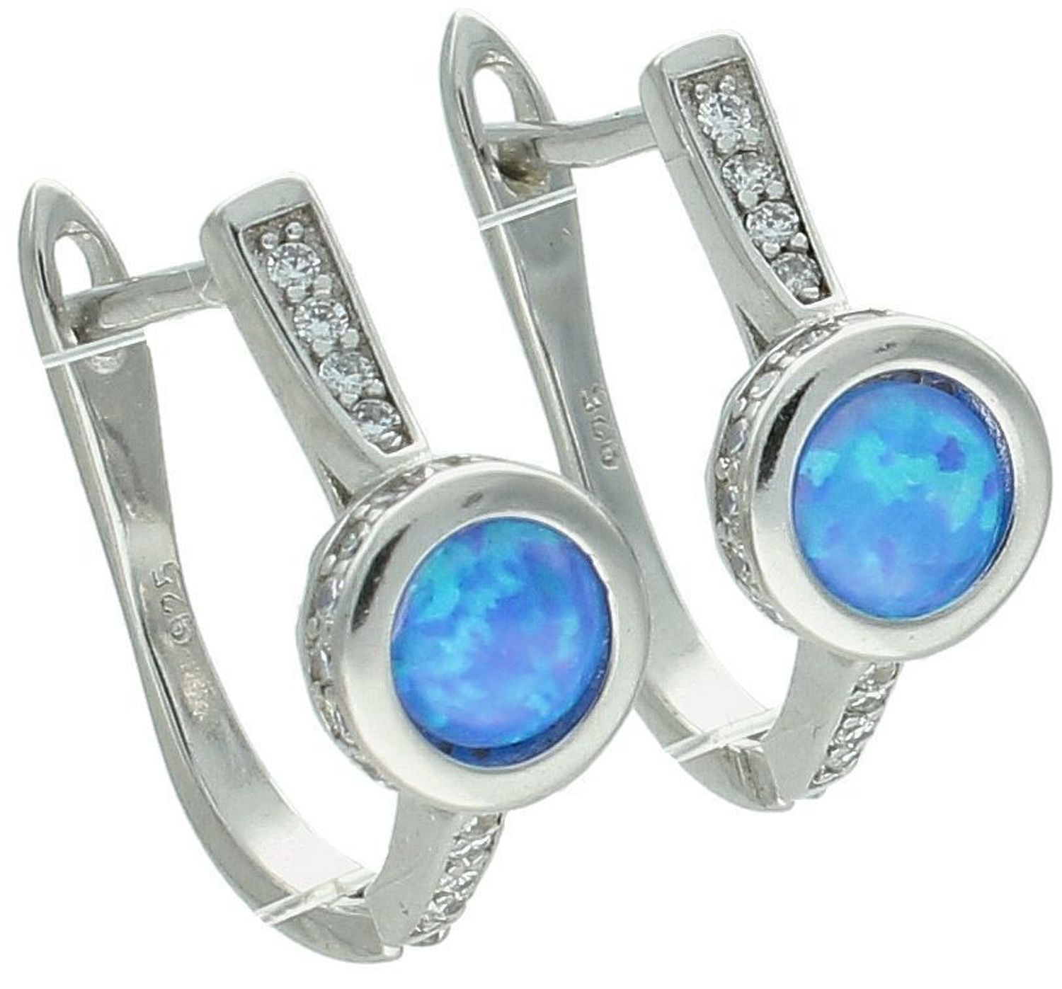 Delikatne kolczyki damskie ze srebra próby 925, zdobione syntetycznym opalem i cyrkoniami. Model TSK000005-00, długość 1,5 cm, zapięcie angielskie, waga 2,5 g.1.jpg