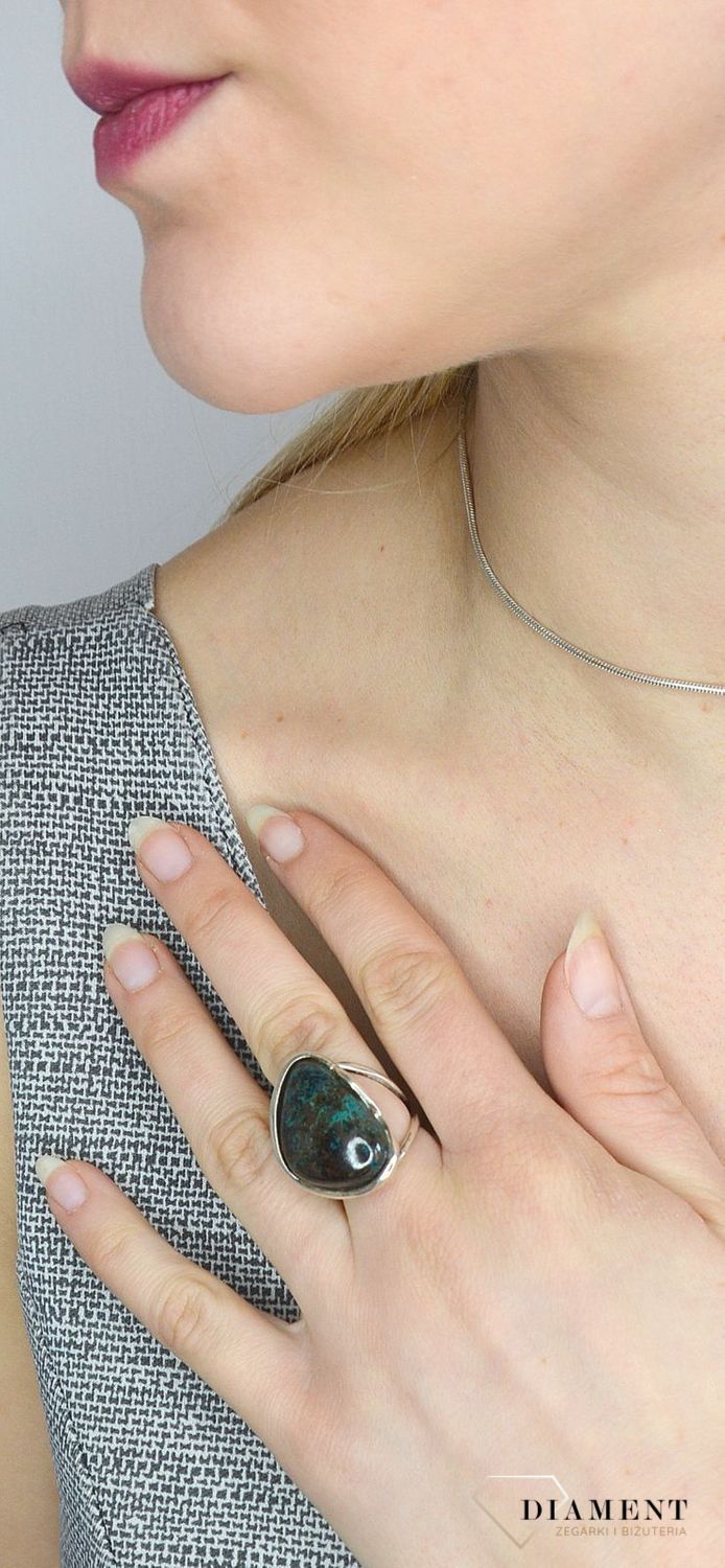 Pierścionek srebrny z dużym kamieniem naturalnym chryzokola TSP000000-035.jpg