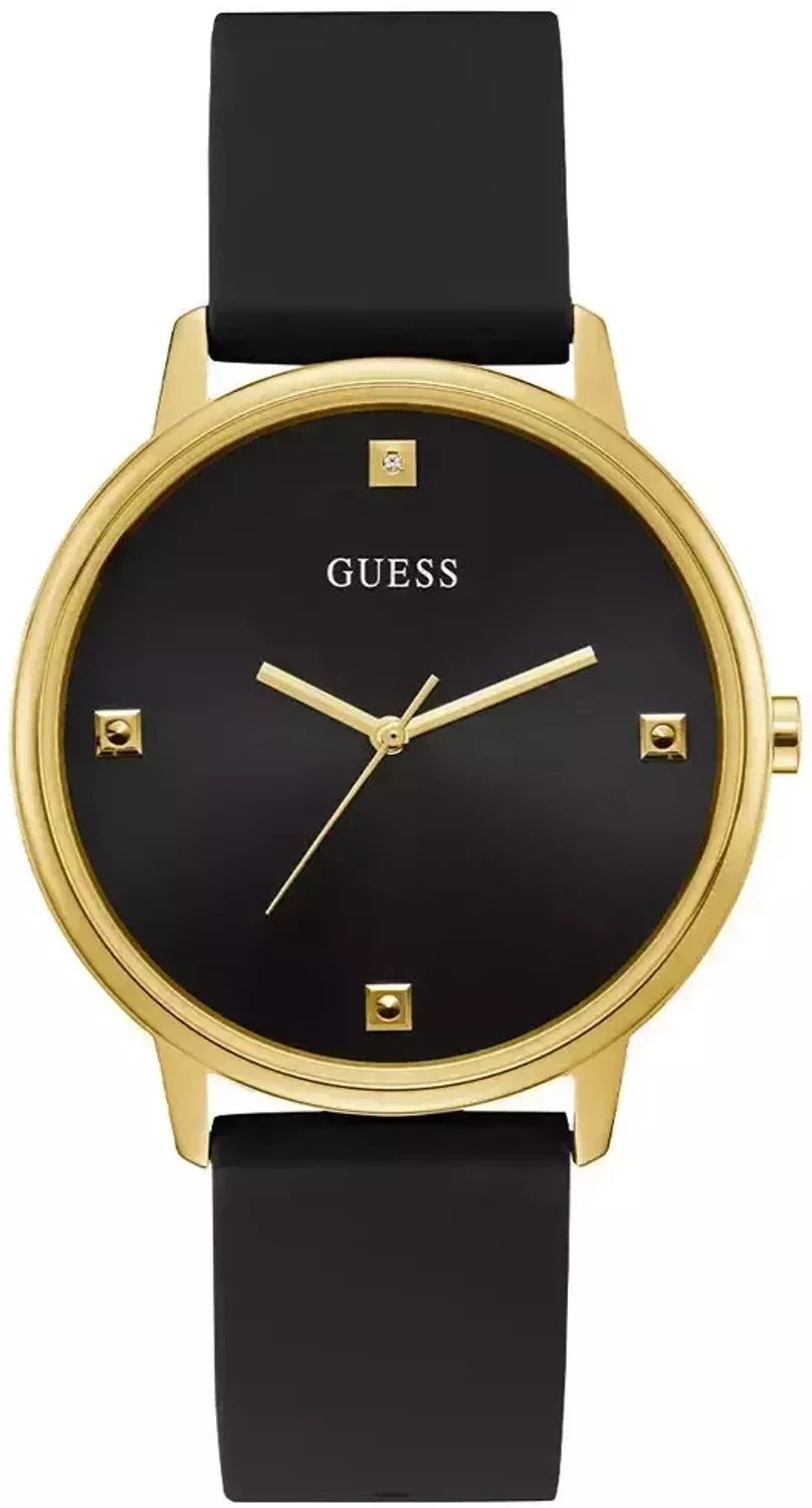 Elegancki damski zegarek Guess U1361L3 z mechanizmem kwarcowym, złotą stalową kopertą, czarnym silikonowym paskiem i brylantem na tarczy. Swiss Made, wodoszczelność 30 m, idealny na prezent.1.webp