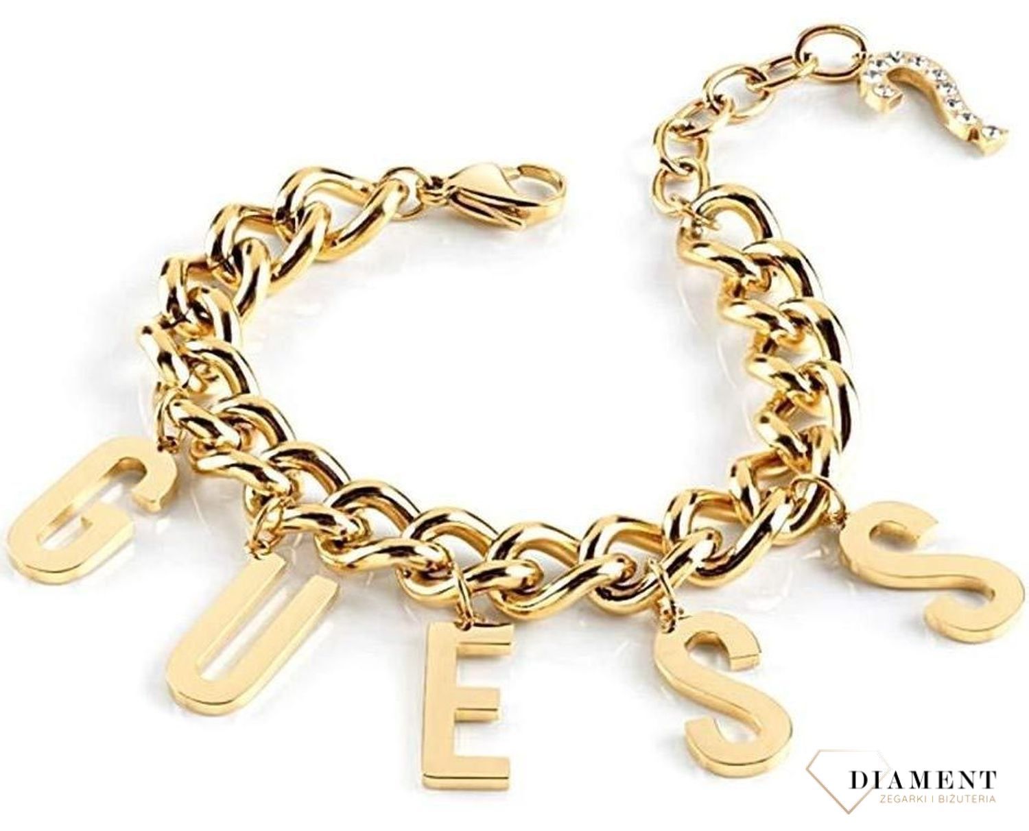 Bransoletka w kolorze złota Guess UBB20006-S.  Bransoletka damska GUESS ze stali z zapięciem w kolorze złota. Bransoletka damska Guess w kolorze złota z  elementami ozdobnym w formie napisu Guess.  (2).jpg