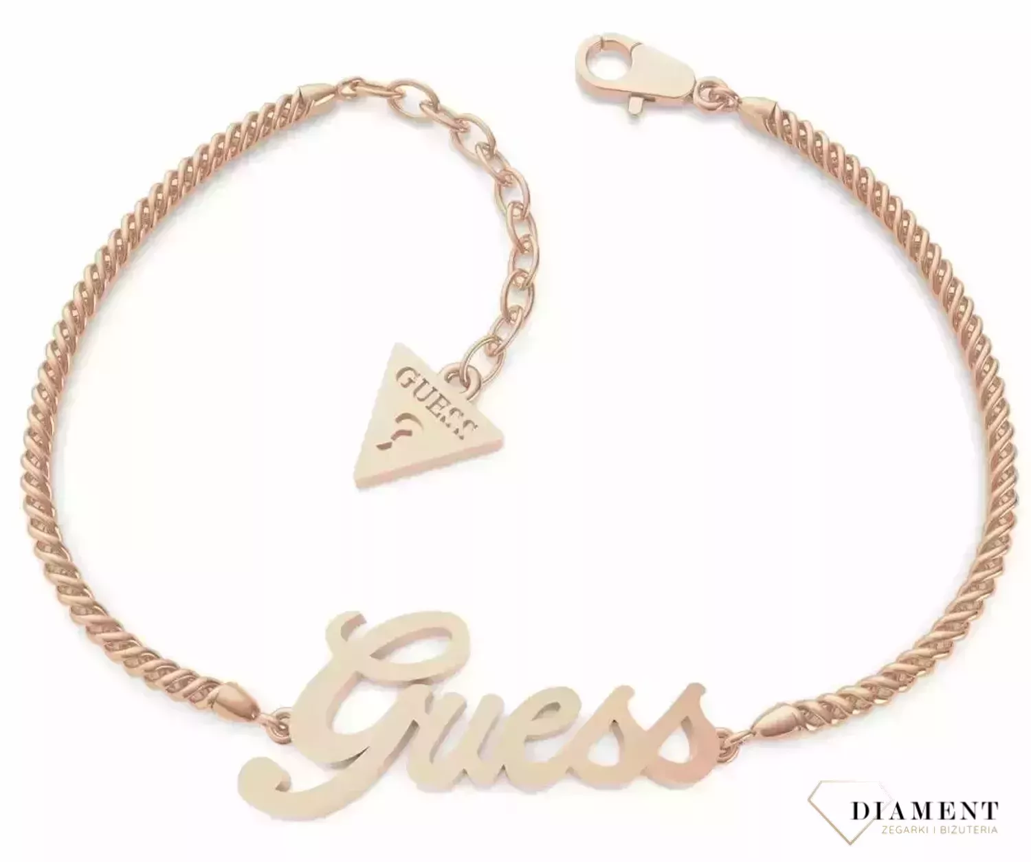 Bransoletka GUESS różowe złoto z napisem Guess UBB79104-S. Bransoletka GUESS stalowa w kolorze różowego złota z czytelnym napisem Guess. Piękna stalowa bransoletka.webp