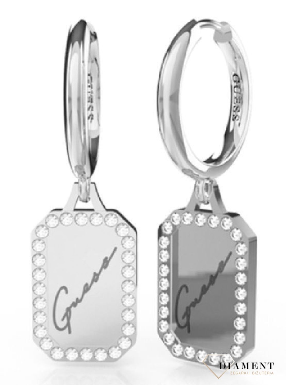 Kolczyki GUESS stalowe srebrne blaszki z cyrkonią UBE01133JWRHTU. Stalowe kolczyki wiszące z logo marki GUESS w kolorze srebra ozdobione kryształami. (3).jpg