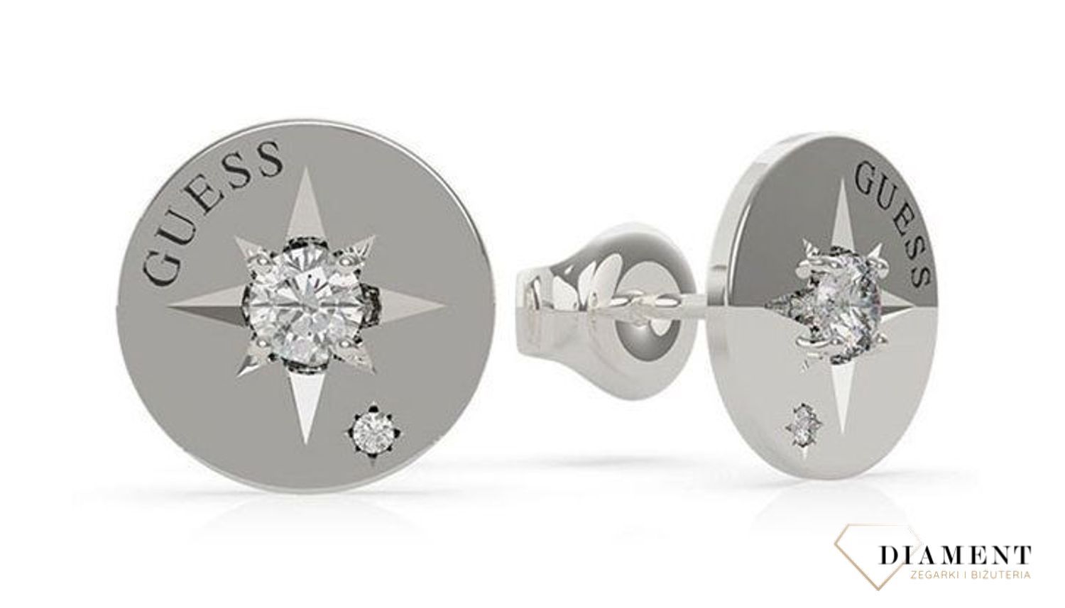 Kolczyki GUESS Wanderlust w kolorze srebra UBE20017. Kolczyki GUESS Wanderlust w kolorze srebra z cyrkoniami. Stalowe kolczyki pozłacane wykonane z najwyższej jako.jpg