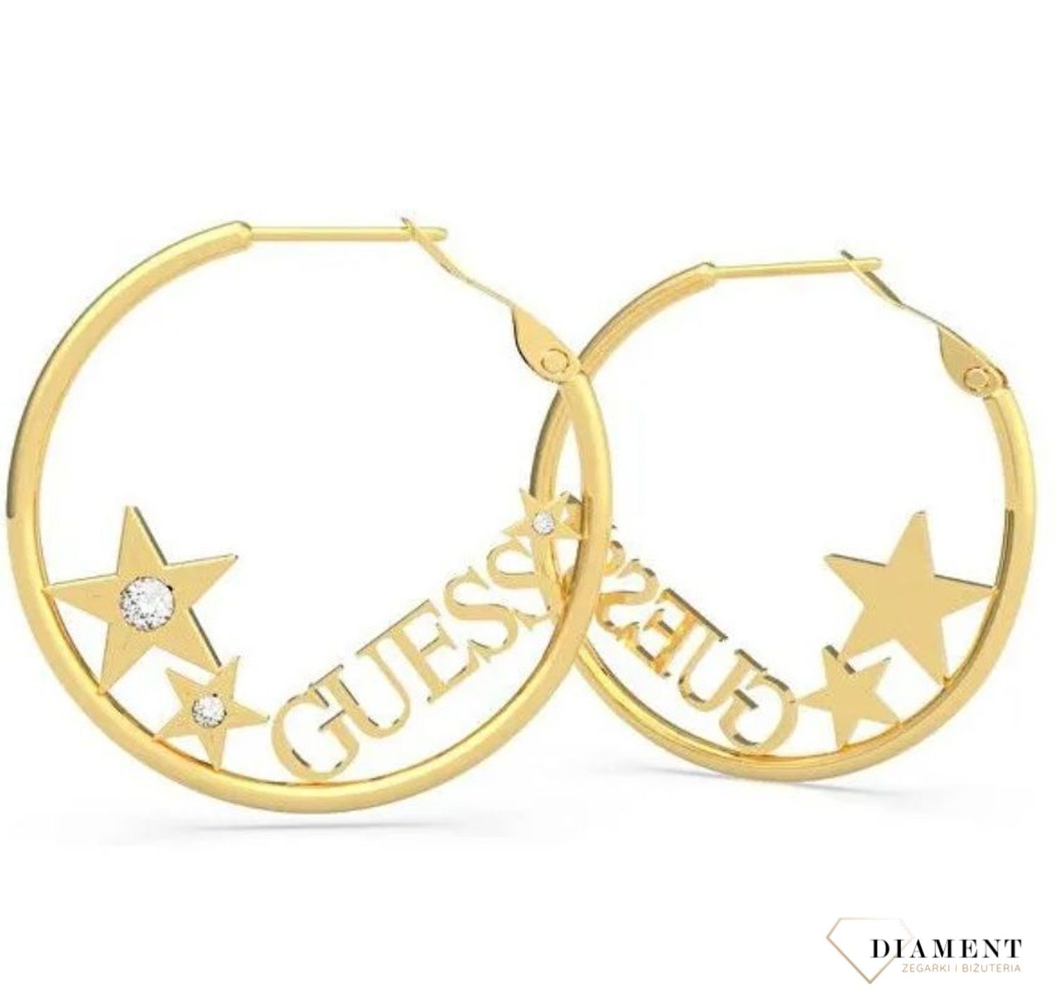 Kolczyki koła napis GUESS pozłacane z gwiazdkami UBE70169.jpg