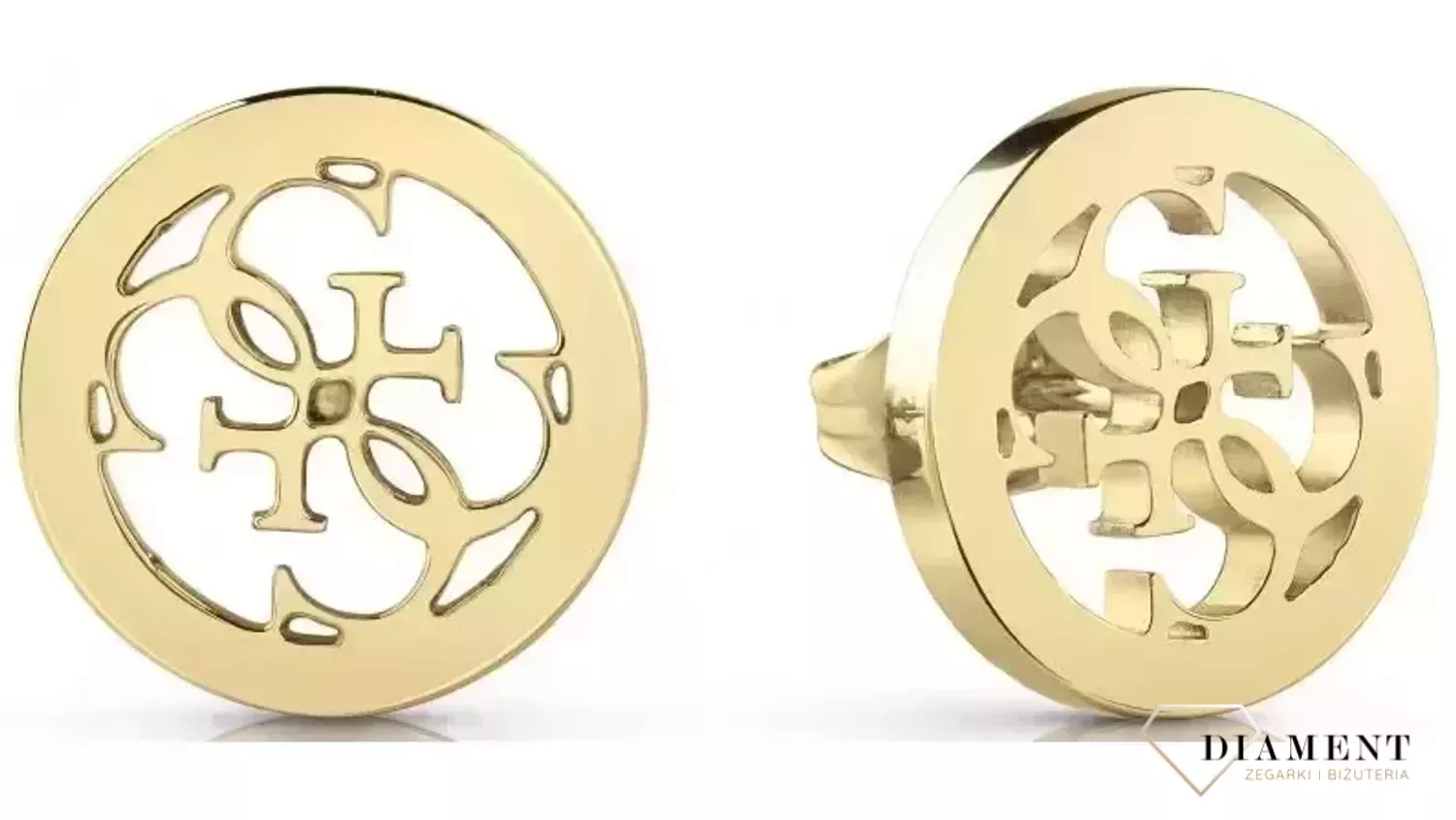 Kolczyki GUESS w kolorze złotym cztery litery 'G' Stalowe kolczyki pozłacane wykonana z najwyższej jakości stali w kolorze złotym. Eleganckie, srebrne kolczyki z ozdobnym elementem. Kolczyki z wygodnym zapięciem na s.webp
