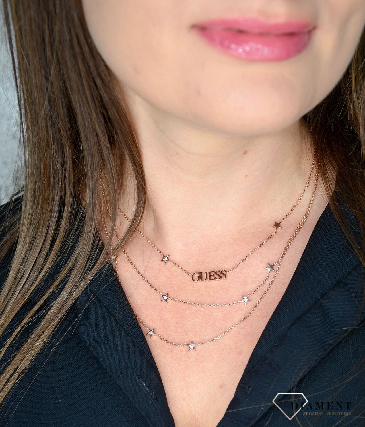 Naszyjnik GUESS pozłacany potrójny łańcuszek różowe złoto UBN70067.jpg