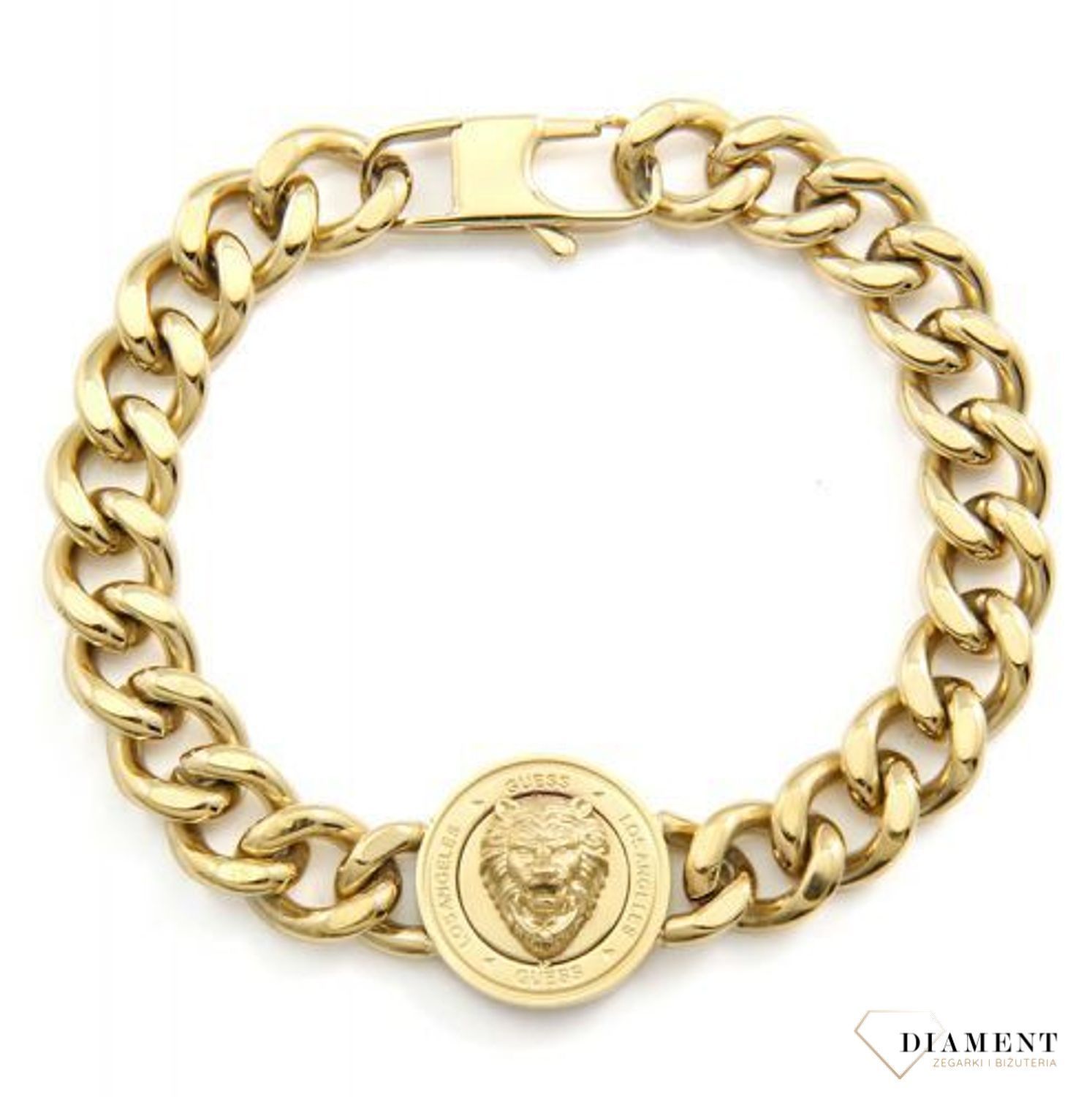 Bransoletka męska w kolorze złotym z lwem. Bransoletka męska GUESS w kolorze złotym. Bransoletka męska Guess z elementem ozdobnym w formie koła z wizerunkiem lwa..jpg