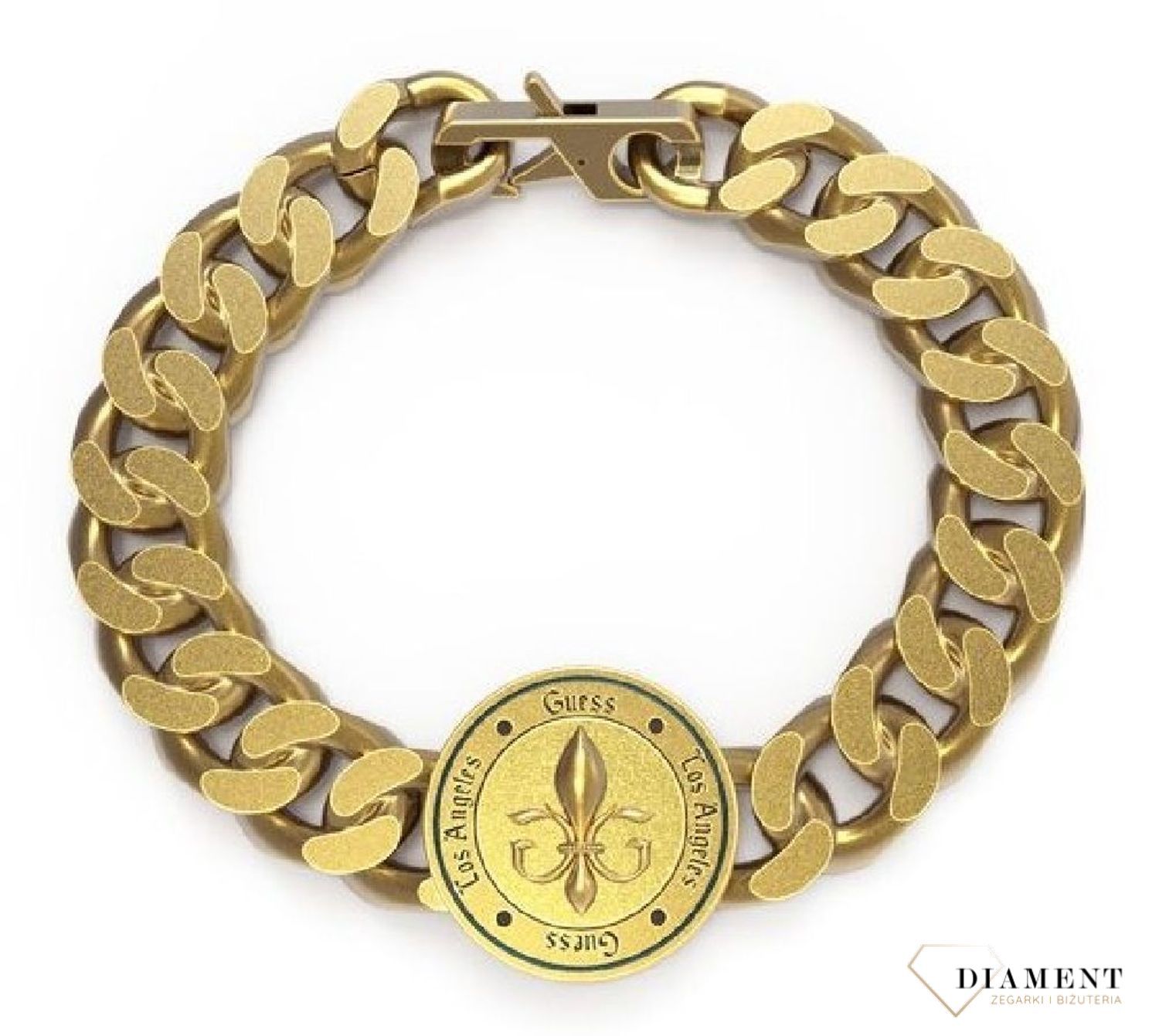 Bransoletka męska GUESS w kolorze złotym. Bransoletka GUESS w formie złotej pancerki. Bransoletka, która świetnie się sprawdzi jako dodatek do stylizacji. Bransoletkę można zestawić z ulubionym zegarkiem..jpg