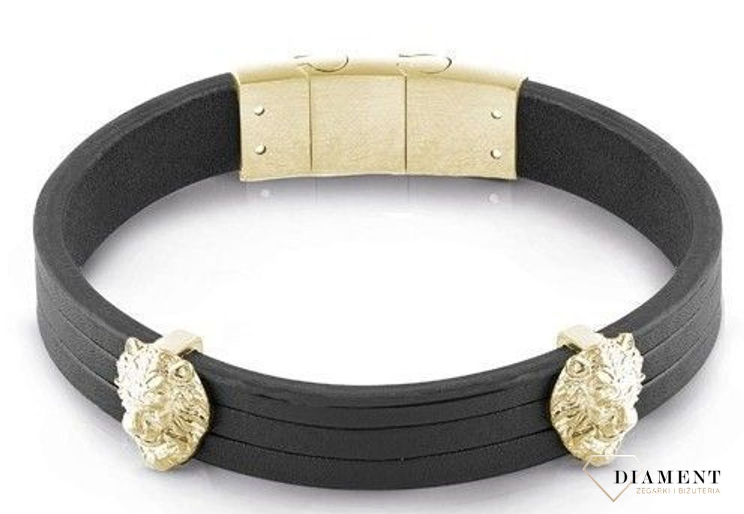 Bransoletka męska GUESS skórzany pasek ze stalowym zapięciem w kolorze złota. Bransoletka męska Guess w kolorze czarnym z wizerunkiem lwa. Bransoletka, która świetnie się sprawdzi jako dodatek do stylizacji..jpg