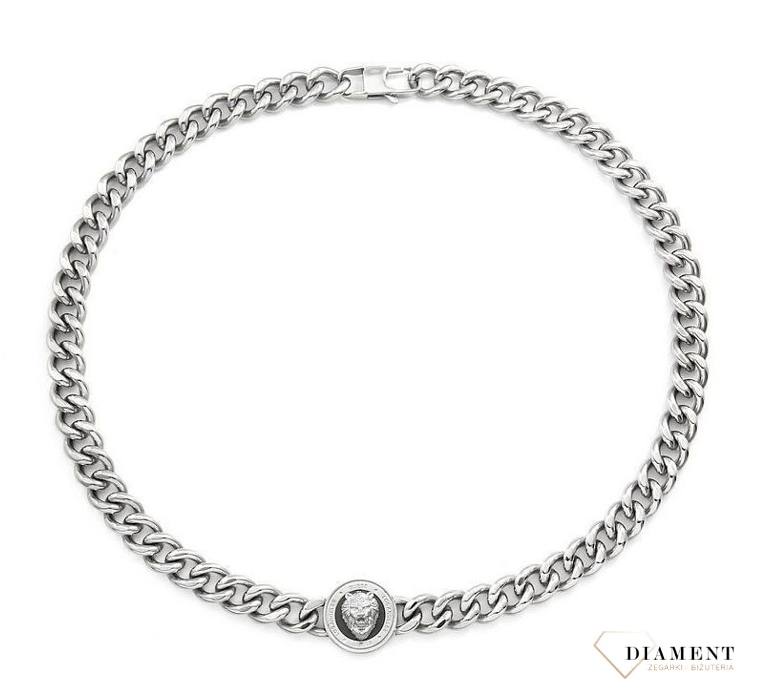 Naszyjnik męski GUESS moneta z głową lwa UMN20010. Naszyjnik w formie srebrnej pancerki z logiem GUESS. Zawieszka w kształcie monety z głową lwa i grawerowanym log.jpg