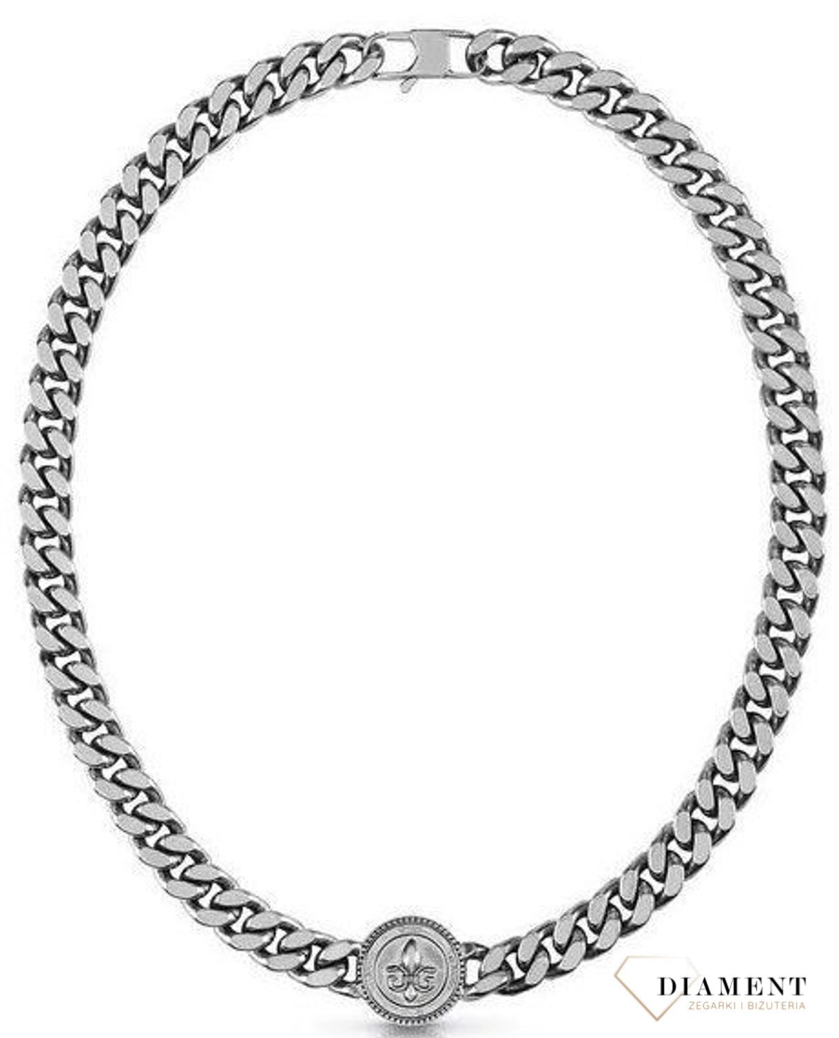 Naszyjnik męski GUESS w kolorze srebra z monetą  UMN70006.  Naszyjnik w formie srebrnej pancerki z logiem GUESS. Zawieszka w kształcie monety z motywem lilii i gra.jpg