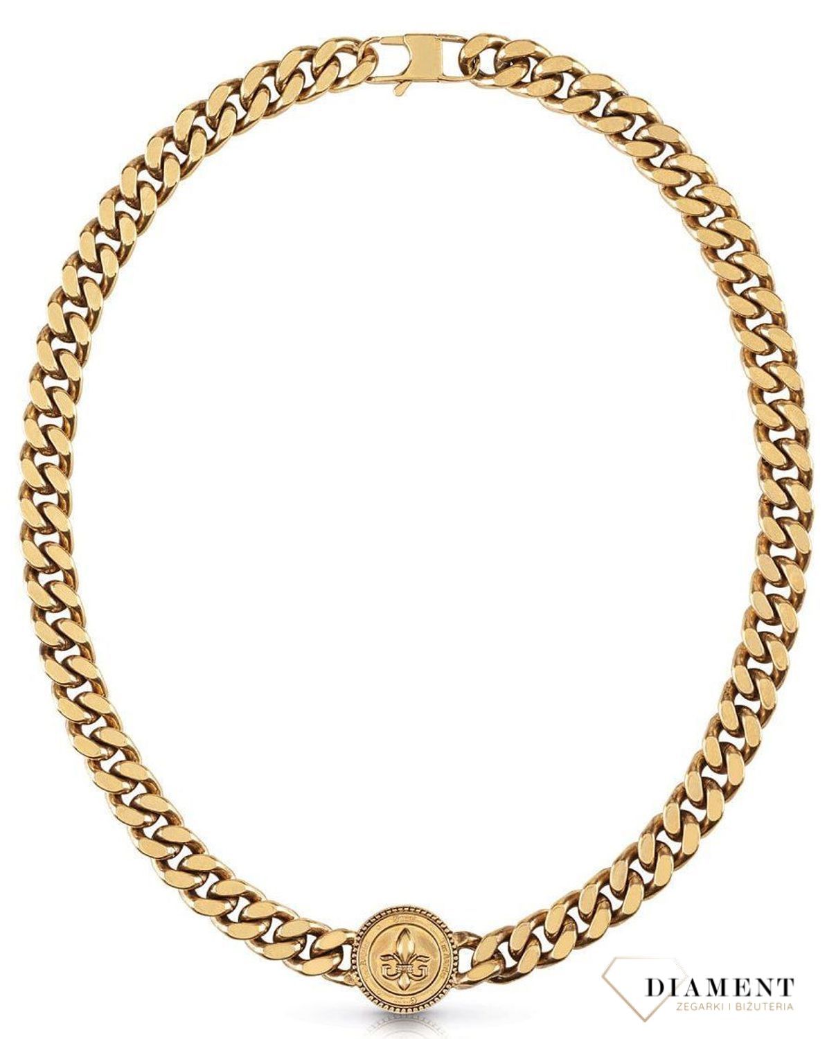 Naszyjnik męski GUESS z monetą i logo Guess UMN70007.  Naszyjnik w formie złotej pancerki z logiem GUESS. Zawieszka w kształcie monety z motywem lilii i grawerowan.jpg