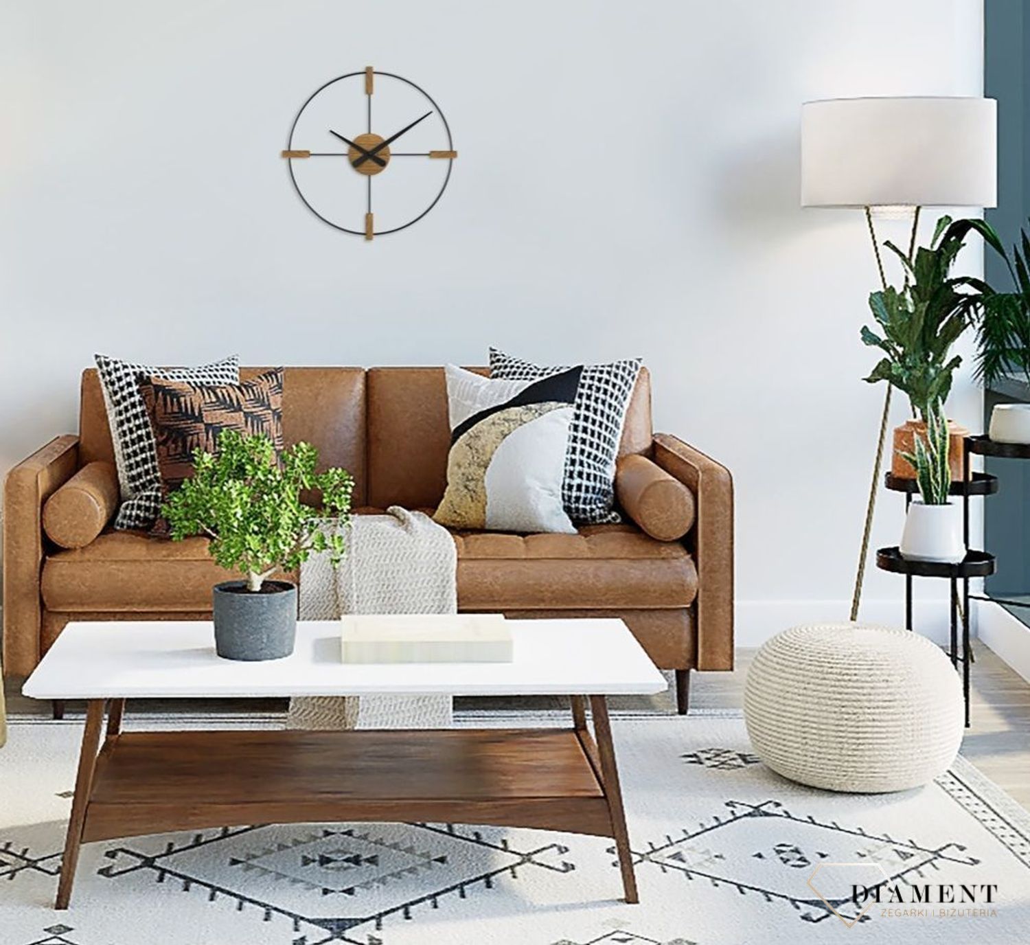 Zegar ścienny Studio drewno, czarny VLAHA VCT1052 to nowoczesny styl w stylu loftowym. Loftowe wnętrza. Nowoczesny zegar z drewna i czarnego metalu..jpg