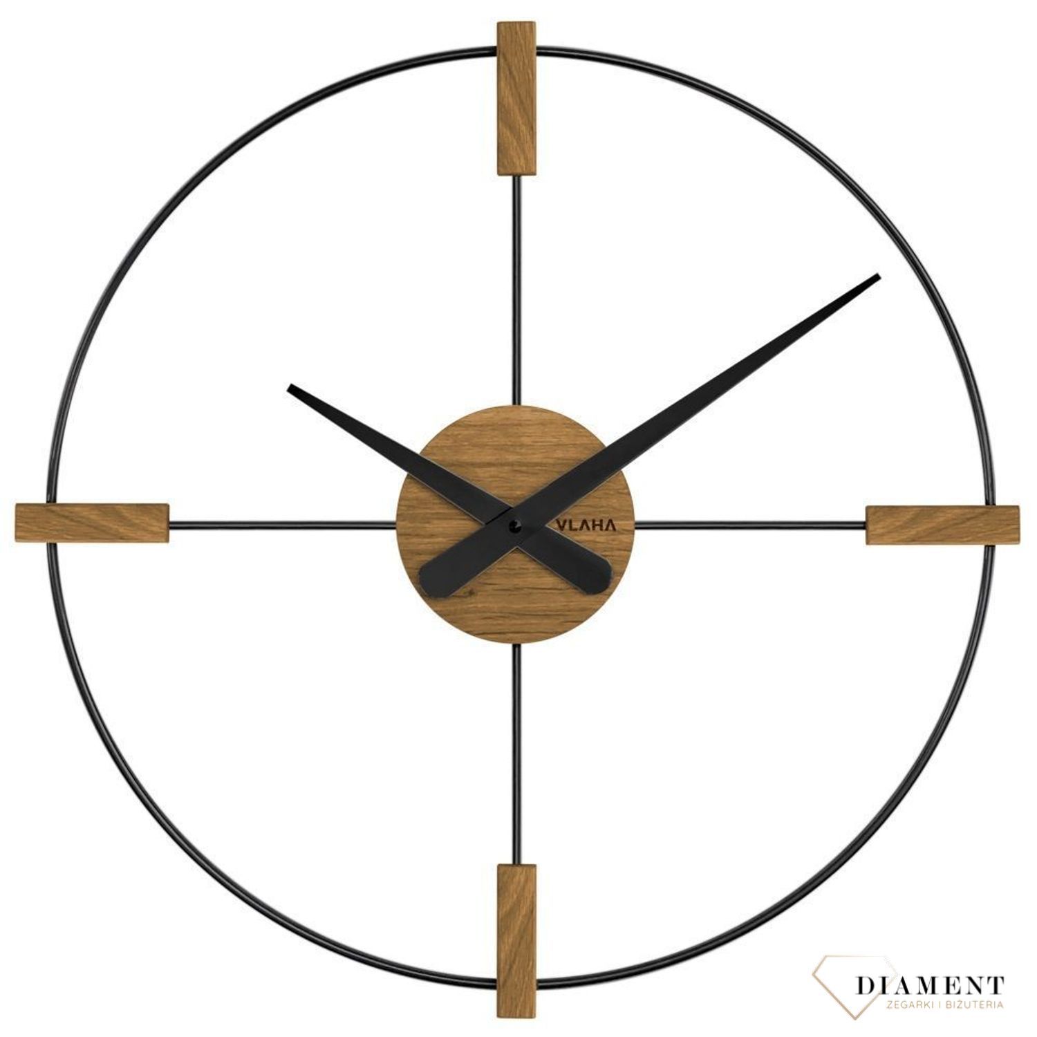 Zegar ścienny Studio drewno, czarny VLAHA VCT1052 to nowoczesny styl w stylu loftowym. Loftowe wnętrza. Nowoczesny zegar z drewna i czarnego metalu..jpg