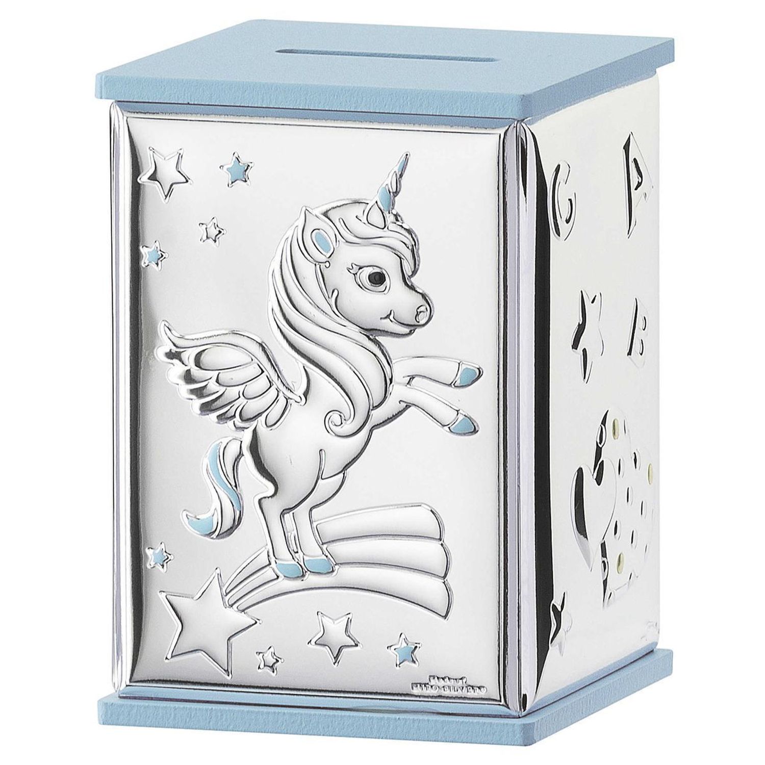 Skarbonka z jednorożcem, literkami, sercami i gwiazdkami- niebieska. Wyjątkowej jakości produkt włoski precyzyjnie wykonana z dbałością o szczegóły..jpg