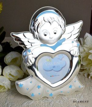 Piękna, srebrna ramka na Chrzest Święty dla chłopca aniołek VL716083LC. Wyjątkowa ramka na zdjęcie z motywem aniołka w kolorze niebieskim (2).JPG