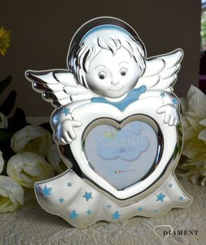 Piękna, srebrna ramka na Chrzest Święty dla chłopca aniołek VL716083LC. Wyjątkowa ramka na zdjęcie z motywem aniołka w kolorze niebieskim (4).JPG