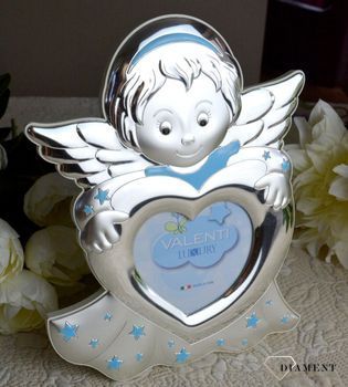 Piękna, srebrna ramka na Chrzest Święty dla chłopca aniołek VL716083LC. Wyjątkowa ramka na zdjęcie z motywem aniołka w kolorze niebieskim (5).JPG