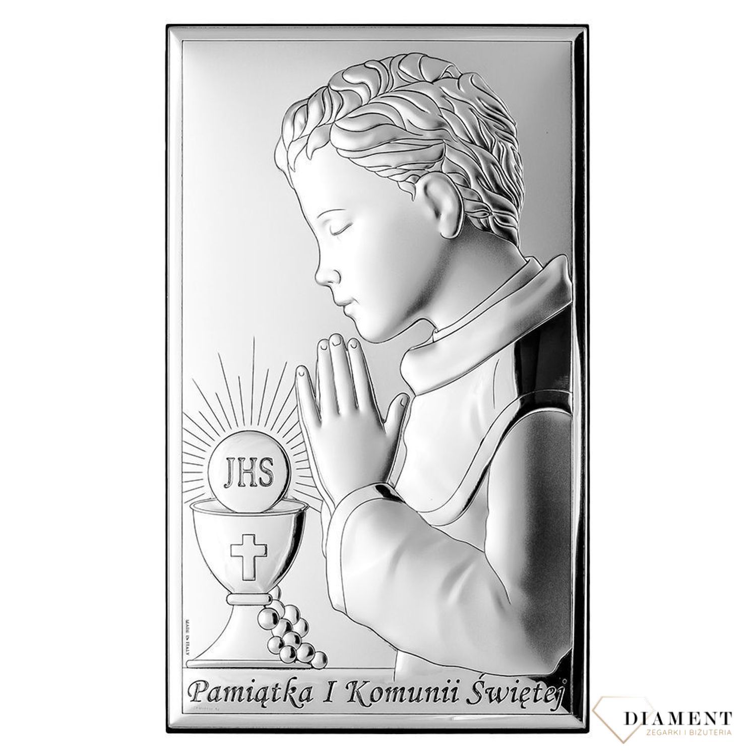Obrazek srebrny z wizerunkiem chłopca pochylającego się nad kielichem to doskonała pamiątka Pierwszej Komunii Świętej, która odda piękno tego sakramentu i przywoła w pamięci uroczyste i piękne chwile.jpg