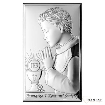Obrazek srebrny z wizerunkiem chłopca pochylającego się nad kielichem to doskonała pamiątka Pierwszej Komunii Świętej, która odda piękno tego sakramentu i przywoła w pamięci uroczyste i piękne chwile.jpg