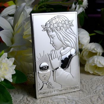 Prosty obrazek srebrny I Komunia Święta dziewczynka - grawer VL8043XL. Obrazek wykonany jest z aluminiowej blaszki pokrytej warstwą srebra, pokryty specjalnym lakierem ochronnym, dzięki któremu srebrna warstwa zach (2).JPG