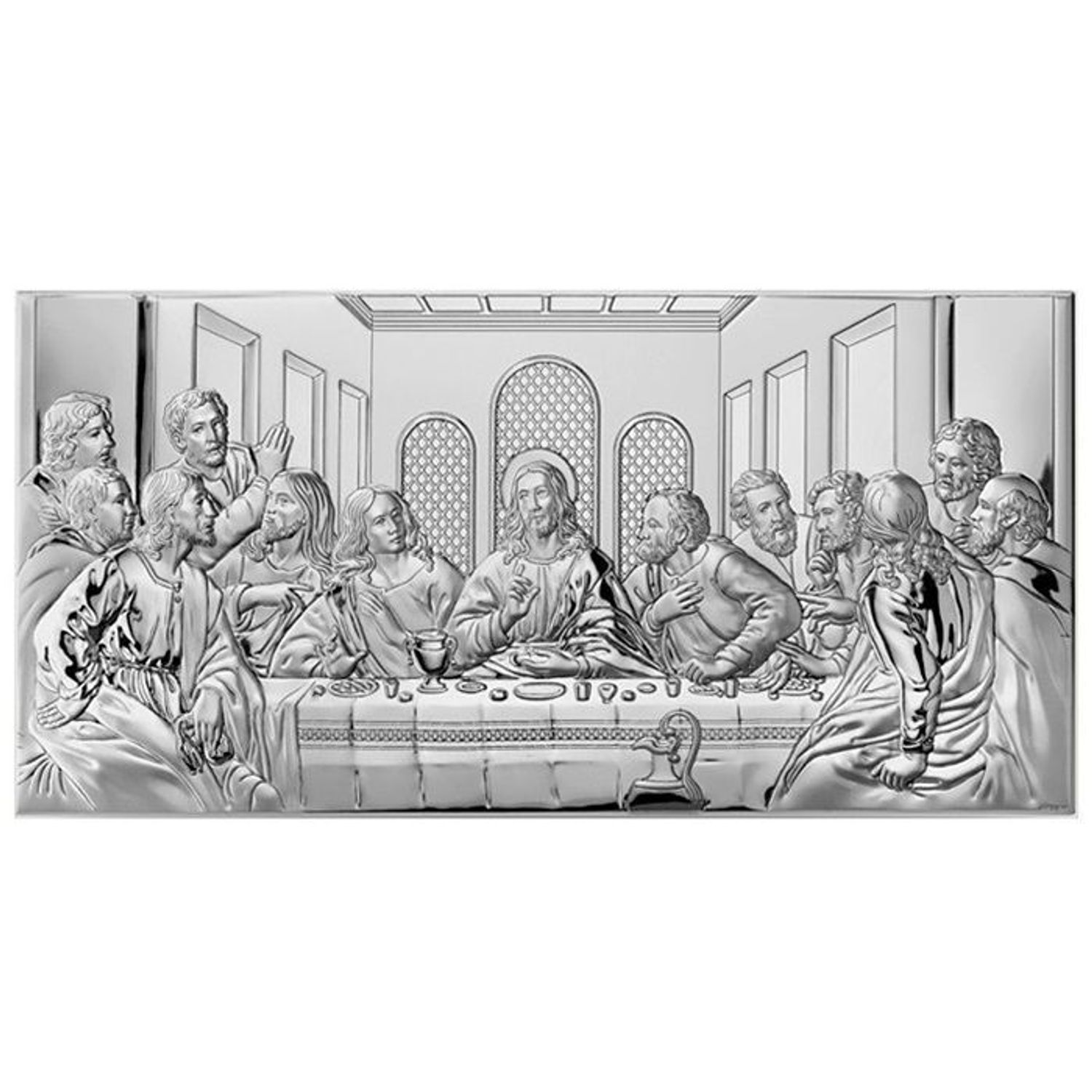 Obrazek srebrny przedstawiający Ostatnią Wieczerzę VL812214XL. Obrazek umieszczony jest na podstawie wykonanej z drewna. Przeznaczony jest do powieszenia na ścianie lub do postawienia dzięki dołączonej stopce.Idealny prezent.jpg