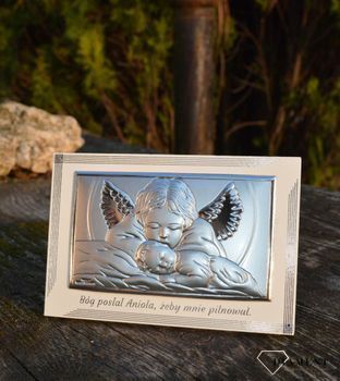 Obrazek pokryty srebrem Anioł stróż w drewnie VL812893LPL. Obrazek srebrny z Aniołem Stróżem to piękna ozdoba dziecięcego pokoju (2).JPG