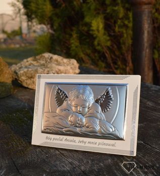 Obrazek pokryty srebrem Anioł stróż w drewnie VL812893LPL. Obrazek srebrny z Aniołem Stróżem to piękna ozdoba dziecięcego pokoju (3).JPG