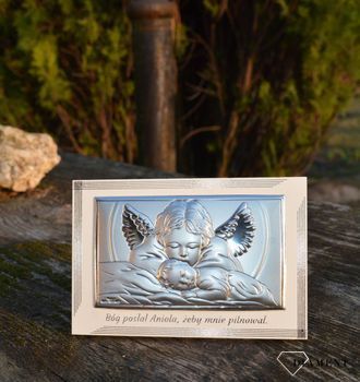 Obrazek pokryty srebrem Anioł stróż w drewnie VL812893LPL. Obrazek srebrny z Aniołem Stróżem to piękna ozdoba dziecięcego pokoju (4).JPG