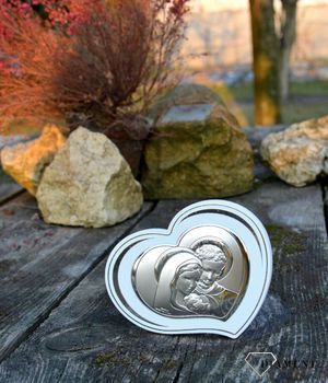 Piękny, srebrny obrazek z wizerunkiem Świętej Rodziny VL812962L. Piękny srebrny obrazek w kształcie serca ukazujący Świętą Rodzinę (2).JPG