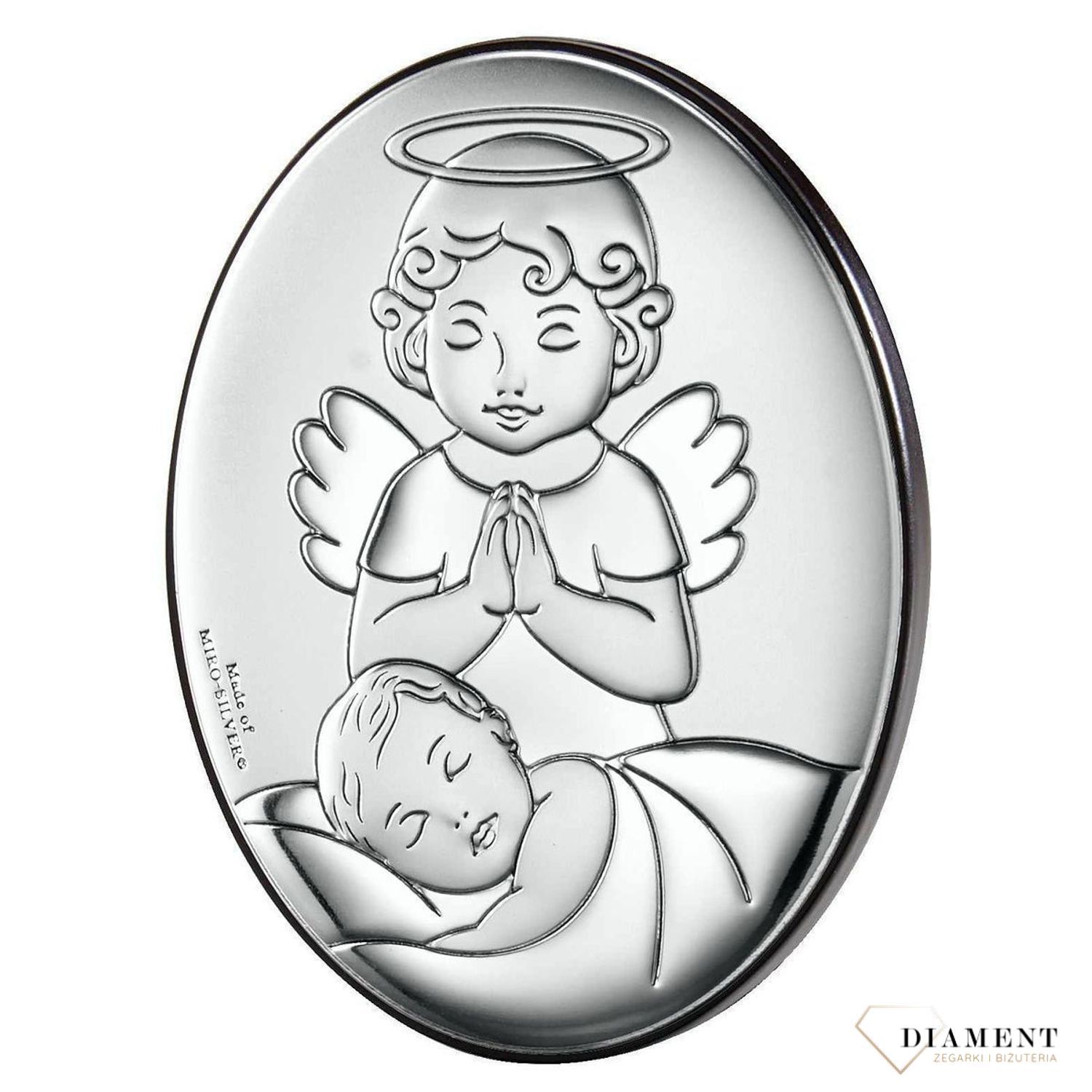 Obrazek srebrny z Aniołem Stróżem to piękna ozdoba dziecięcego pokoju. Pamiątka jest symbolicznym przedstawieniem opieki roztoczonej nad malcem przez Bożą Opatrzność..jpg