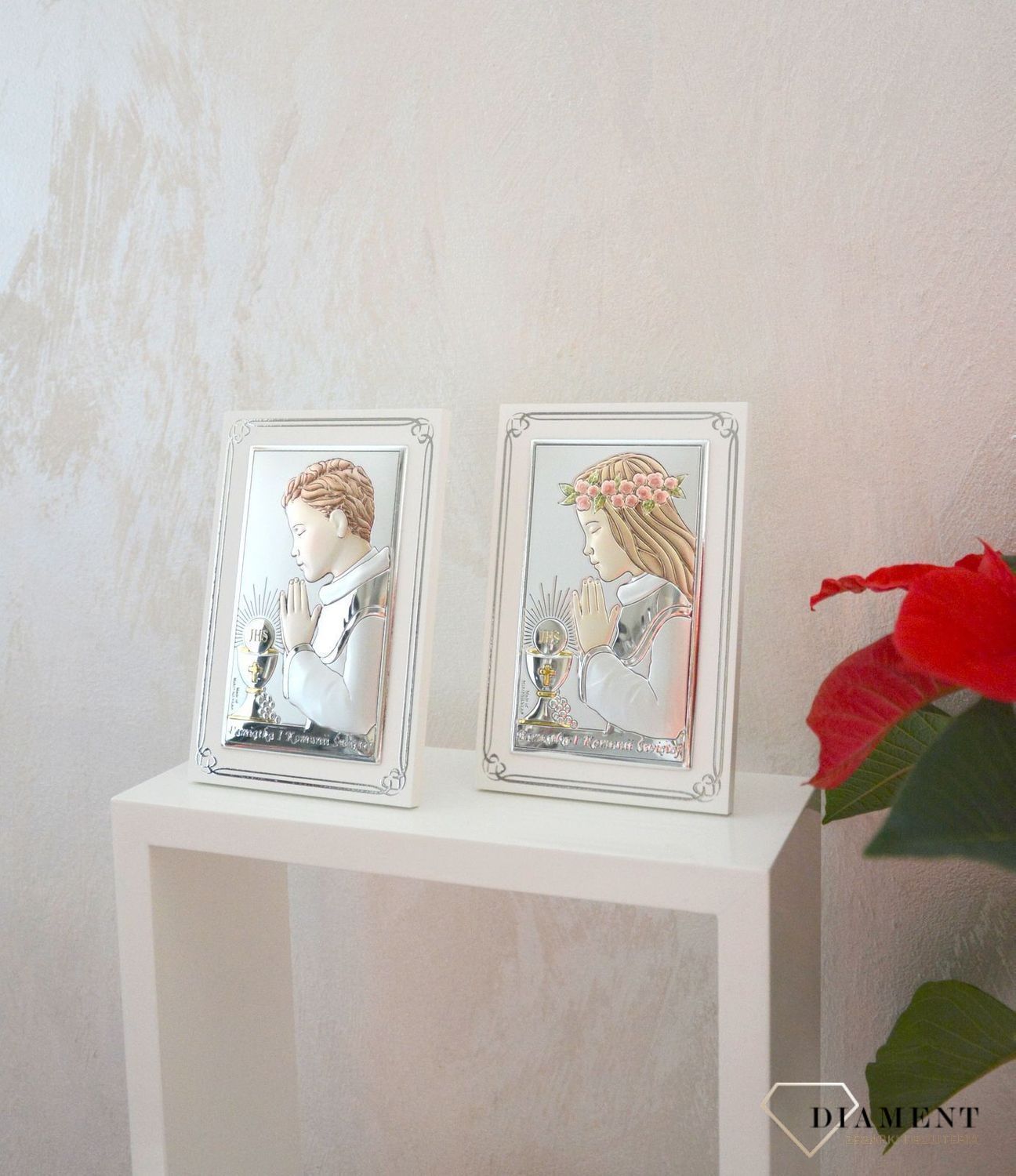 Piękny obrazek srebrny I Komunia Święta dla chłopca na białym drewnie VL8303COL.jpg