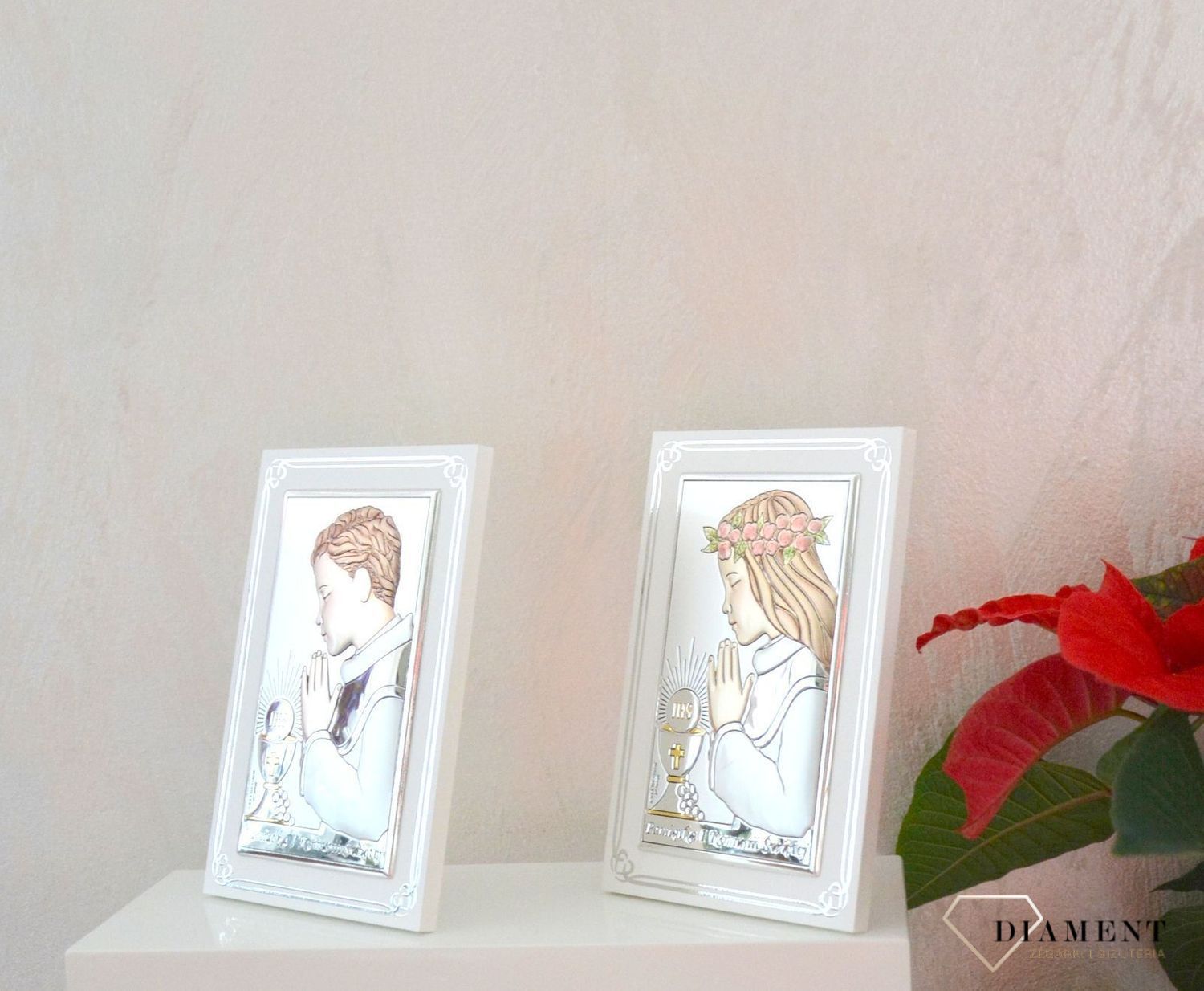 Piękny obrazek srebrny I Komunia Święta dla chłopca na białym drewnie VL8303COL.jpg