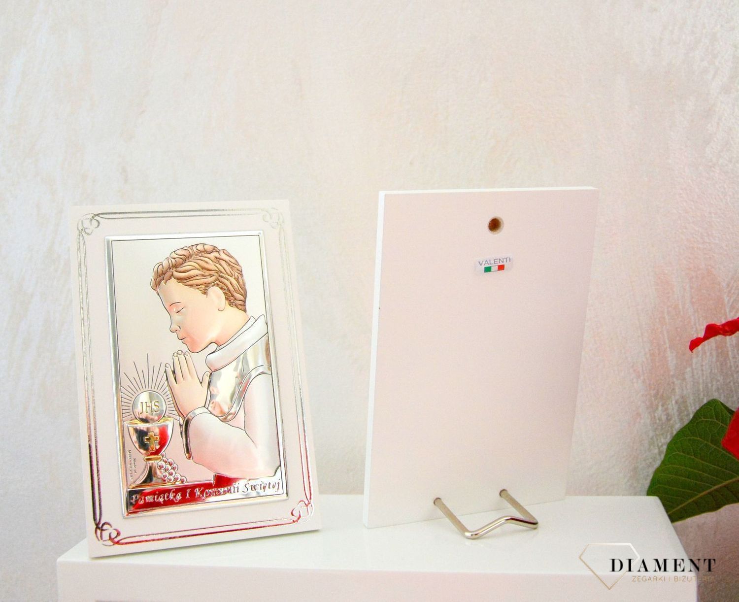 Piękny obrazek srebrny I Komunia Święta dla chłopca na białym drewnie VL8303COL.jpg