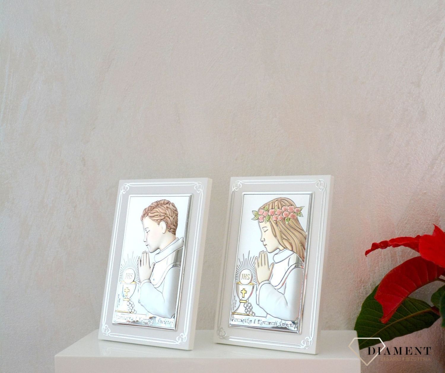 Piękny obrazek srebrny I Komunia Święta dla chłopca na białym drewnie VL8303COL.jpg