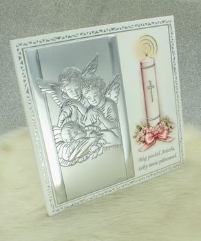 Różowy Obrazek Anioł Stróż dla dziewczynki – z grawerem Posrebrzany Miro-Silver 17x17 cm Ag.jpg