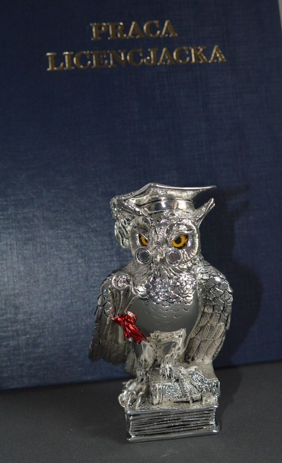 Posrebrzana figurka Sowa Mądra Głowa dla absolwenta VR17015 Statuetka sowy w birecie trzymającej dyplom. Figurka Sowy absolwentki stanowi idealny upominek z okazji ukończenia szkoły, zdania matury, ukończenia studiów itd..jpg