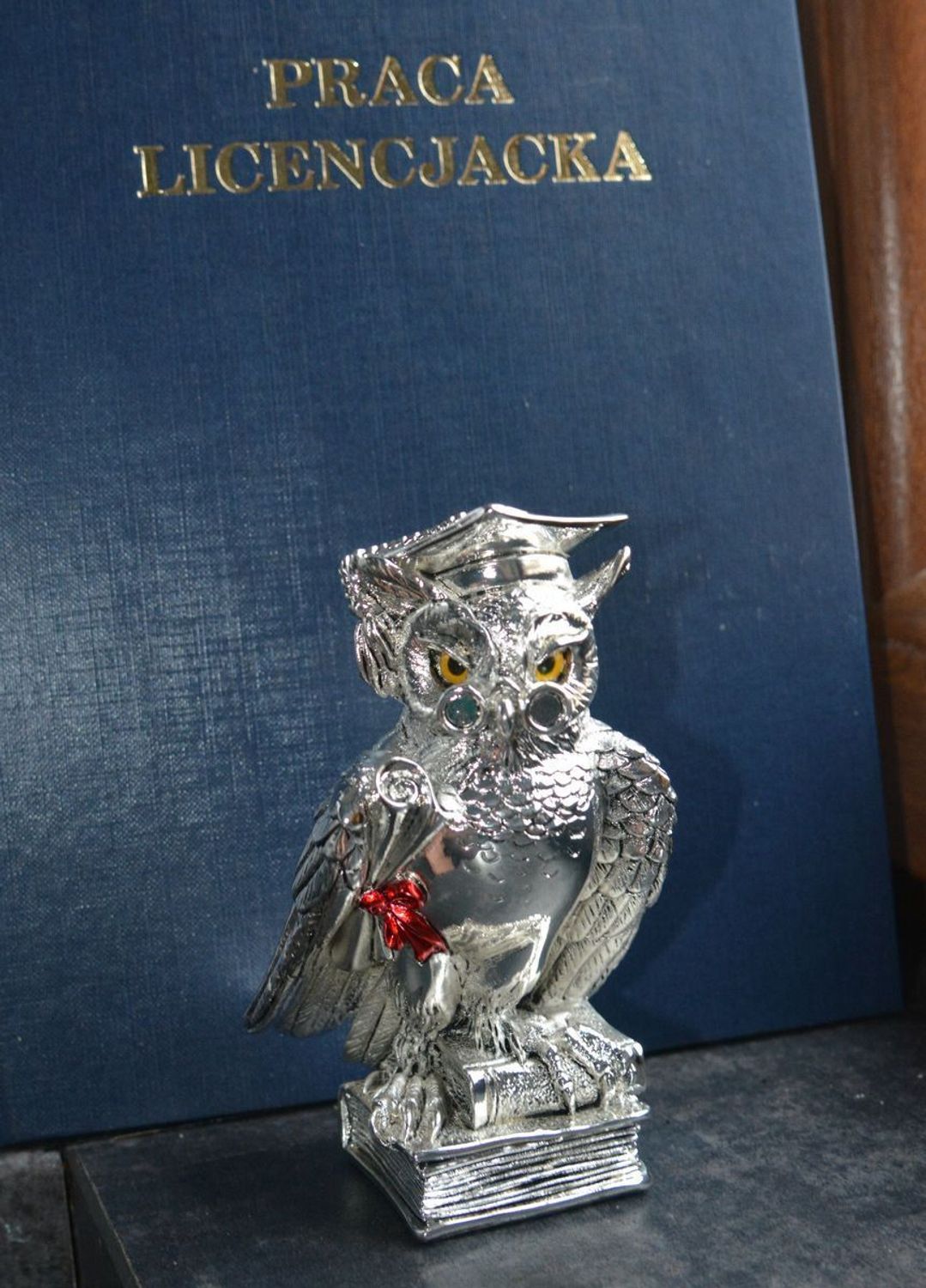 Posrebrzana figurka Sowa Mądra Głowa dla absolwenta VR17015 Statuetka sowy w birecie trzymającej dyplom. Figurka Sowy absolwentki stanowi idealny upominek z okazji ukończenia szkoły, zdania matury, ukończenia studiów itd..jpg