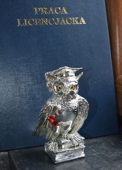 Posrebrzana figurka Sowa Mądra Głowa dla absolwenta, maturzysty 13 cm VR17015. Statuetka sowy w birecie trzymającej dyplom (4).JPG