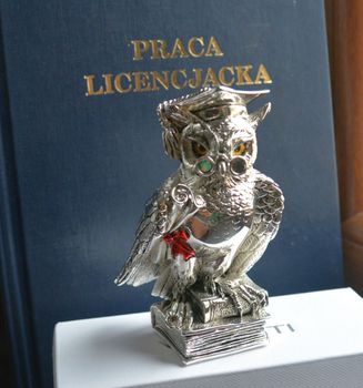 Posrebrzana figurka Sowa Mądra Głowa dla absolwenta, maturzysty 13 cm VR17015. Statuetka sowy w birecie trzymającej dyplom (5).JPG